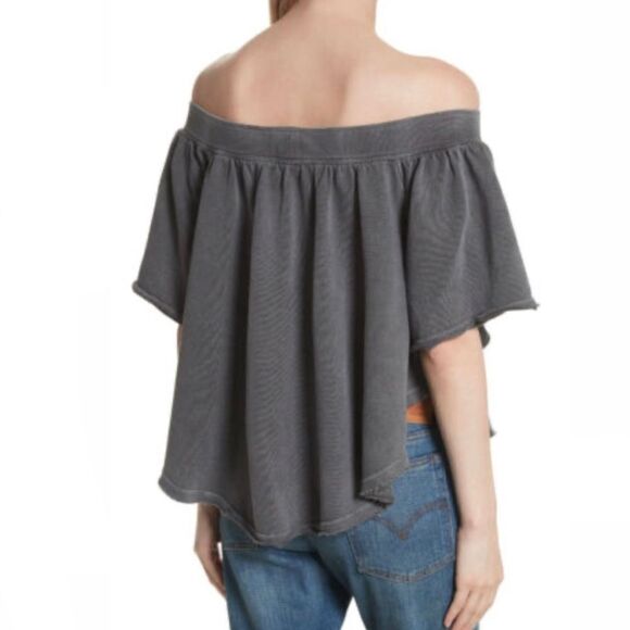Free People Grey Oversized Off Shoulder Raw Edge Sweatshirt Top - Picture 5 of 14